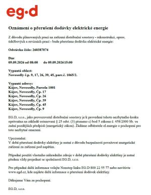 Oznámení o přerušení dodávky elektrické energie 19. 8. 2026 v Novosedlech 1
